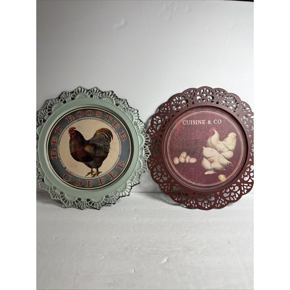 Chicken Metal Wall Plate Red Laced Edge-light Green Set Of 2 12 Inch Hanging